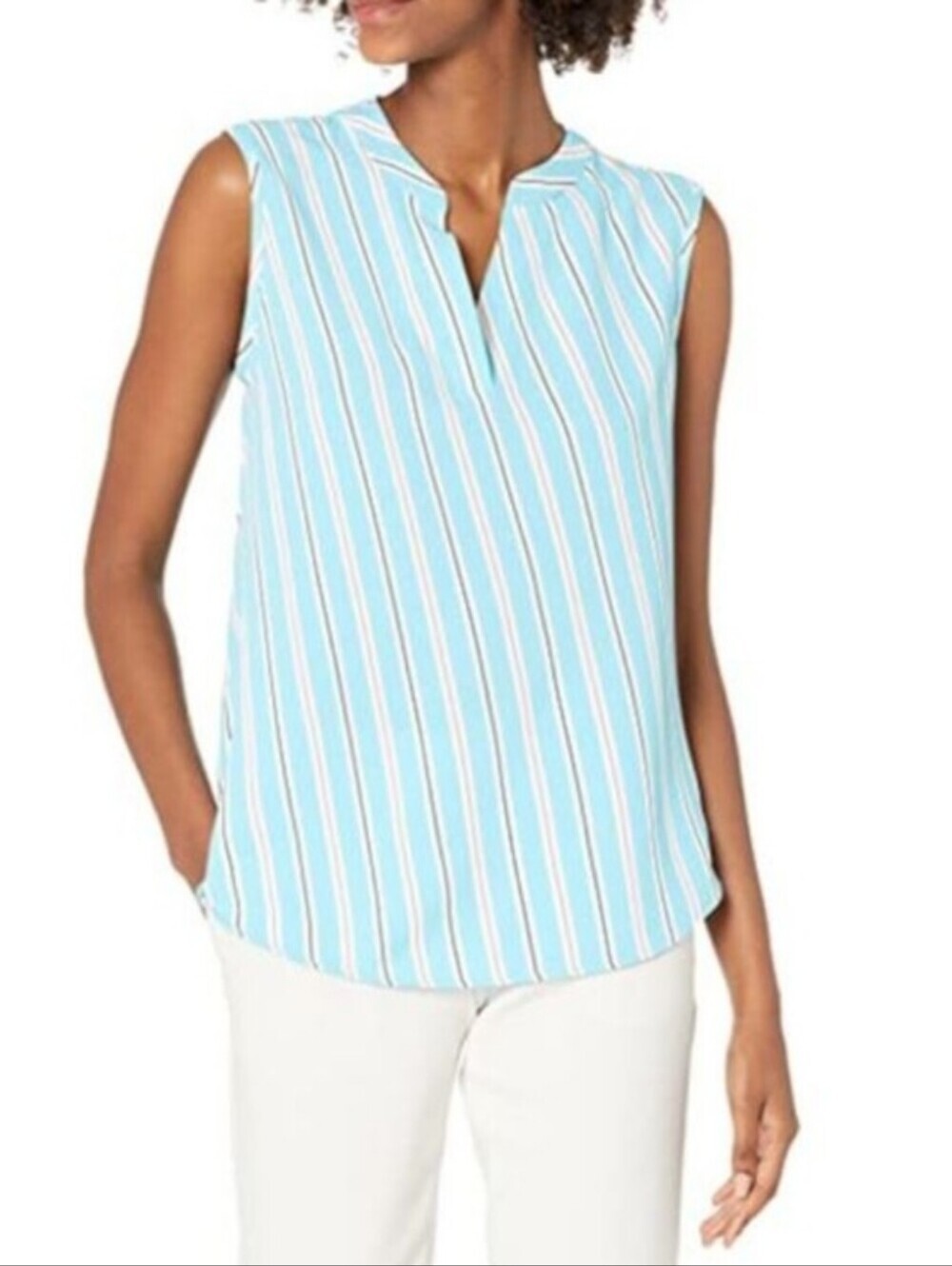 ANNE KLEIN TANK TOP WOMENS BLUE White STRIPE Sleeveless V-Neck Sz S